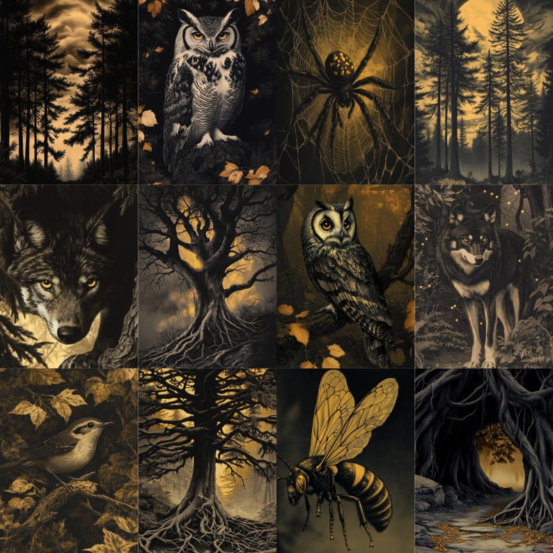 May include: A collection of sepia-toned illustrations featuring forest scenes and wildlife. Images include an owl, wolf, spider, trees, and a bee. The artwork has a vintage, gothic aesthetic, with a focus on nature and the mystical.