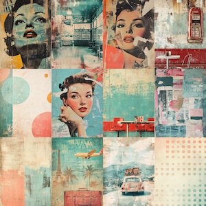Puede incluir: Un collage de im&aacute;genes de estilo vintage con tem&aacute;tica de viajes. La obra presenta retratos retro de mujeres, una escena de restaurante y im&aacute;genes de viajes, incluyendo un avi&oacute;n, la Torre Eiffel y un coche antiguo con equipaje. La paleta de colores incluye azules, rojos y beiges apagados.