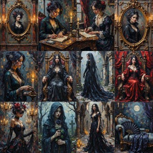 May include: A collection of twelve digital paintings featuring a dark-haired figure in various gothic-inspired settings, including ornate gold-framed portraits, writing at a desk, sitting on a throne, and holding a black rose in a graveyard.