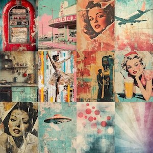 Puede incluir: Un collage de im&aacute;genes de estilo vintage con una apariencia desgastada y texturizada. La obra de arte incluye una gramola roja, un restaurante, un retrato de mujer, un avi&oacute;n, una escena de cocina, una bailarina, una gasolinera, una mujer con batido, una mujer retro, un platillo volante y dise&ntilde;os abstractos.