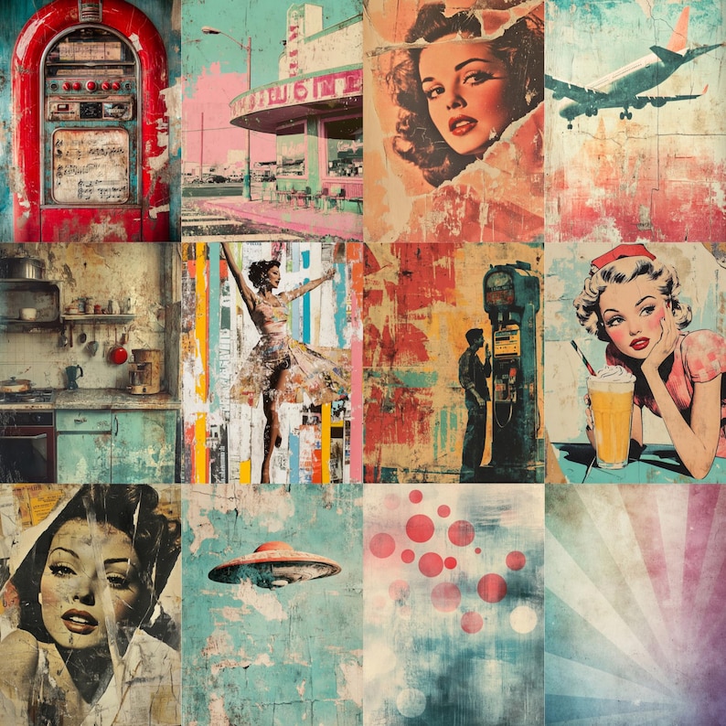 Puede incluir: Un collage de im&aacute;genes de estilo vintage con una apariencia desgastada y texturizada. La obra de arte incluye una gramola roja, un restaurante, un retrato de mujer, un avi&oacute;n, una escena de cocina, una bailarina, una gasolinera, una mujer con batido, una mujer retro, un platillo volante y dise&ntilde;os abstractos.