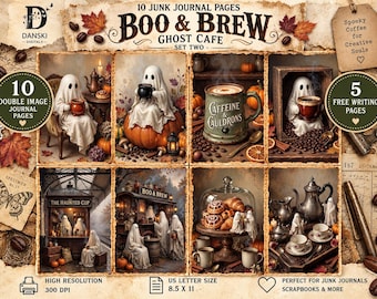 Halloween Ghost Coffee Junk Journal Pages, Haunted Cafe Printable, Digital Download Set Two
