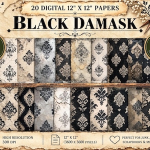 May include: A collection of 20 digital 12" x 12" papers featuring black damask patterns on various textured backgrounds. The set includes high-resolution files at 300 DPI, measuring 3600 x 3600 pixels, presented with vintage-style paper edges.