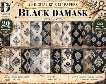 Black Damask Digital Paper, Gothic Digital Paper Pack, Vintage Damask Backgrounds, Junk Journal Paper, Scrapbook Paper, DIGITAL DOWNLOAD