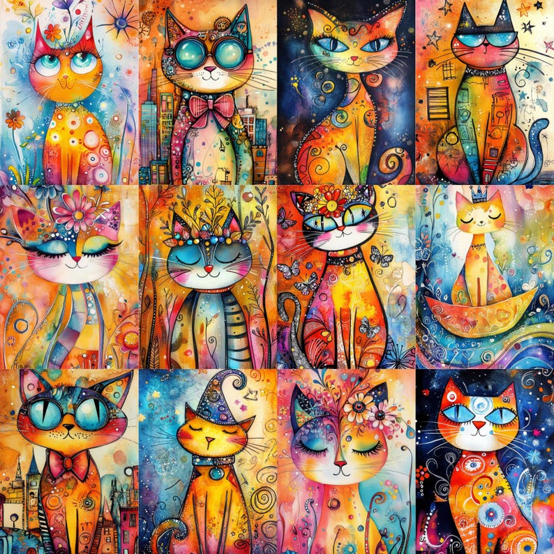 May include: A colourful grid of twelve cat illustrations, each with a unique design. The cats feature bright colours, patterns, and accessories such as glasses and floral crowns. The artwork has a watercolour style, with a focus on artistic expression and playful themes.
