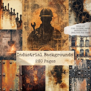 May include: A collage of industrial-themed backgrounds with a vintage aesthetic. The central image features a silhouette of a worker holding a wrench. The text "Industrial Backgrounds 260 Pages" is displayed prominently.