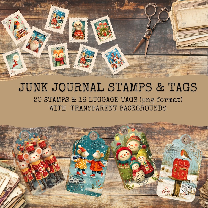 May include: A collection of 20 digital stamps and 16 luggage tags featuring festive winter illustrations of animals, snowmen, and holiday scenes, with text reading JUNK JOURNAL STAMPS & TAGS 20 STAMPS & 16 LUGGAGE TAGS (png format) WITH TRANSPARENT BACKGROUNDS.