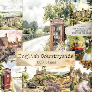 May include: A collection of watercolour illustrations depicting the English countryside. Scenes include a red telephone box, a train on a viaduct, and charming cottages. The image includes the text "English Countryside" and "200 pages."