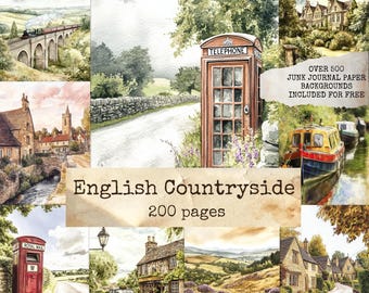 English Countryside Digital Paper Kit, Cottage Landscape, Rural England Art Junk Journals, Decoupage, scrapbooking, instant download pages