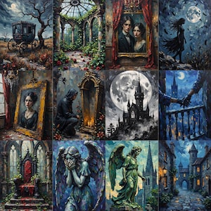 May include: A collection of twelve digital art panels featuring gothic themes including a horse-drawn carriage, a greenhouse, portraits in ornate frames, a silhouette under a full moon, a dark castle, a stone throne, and winged angel statues.
