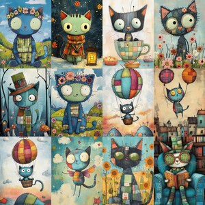 May include: A collage of whimsical cat illustrations. Each cat is uniquely designed with patchwork patterns, floral accents, and various accessories. The cats are depicted in different settings, including fields, teacups, and hot air balloons, with a vibrant color palette.