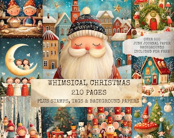 Whimsical Christmas Junk Journal Kit with High Quality Printables, Digital Scrapbook Supplies, and Bonus Stamp, Tag Clip Art Images
