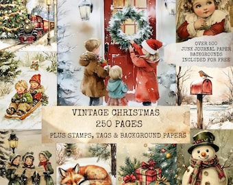 Vintage Christmas Junk Journal Kit with High Quality Printables, Digital Scrapbook Supplies, and Bonus Stamp, Tag Clip Art Images