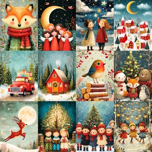 May include: A collection of twelve festive Christmas-themed illustrations featuring a fox in a scarf, singing angels, children with stars, a snowy village, a red truck with gifts, a cabin, a robin on logs, woodland animals, a deer, carolers, and children skating.