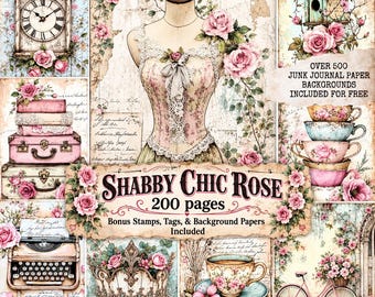 Shabby Chic Rose Junk Journal Pages Printable, Vintage Floral Cottagecore Journal Kit, Romantic Rose Ephemera Paper Pack, Digital Download