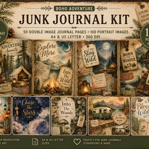Op de afbeelding: Een digitale junk journal kit met 50 dubbele pagina's en 100 portretfoto's. Het ontwerp bevat natuurillustraties van tenten, kampvuren, bergen en bossen met teksten zoals Adventure Awaits, Explore More en Stay Wild in diverse lettertypes.