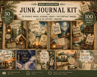 Boho Adventure Junk Journal Kit, Printable Junk Journal Pages, Wanderlust Travel Papers, Camping Ephemera, Nature Journal, Digital Download