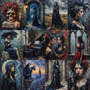 May include: A collage of twelve artistic illustrations featuring dark, gothic-inspired themes. The images depict figures in black dresses, a skull adorned with red roses, a gargoyle overlooking a city, and various portraits of individuals in ornate attire.