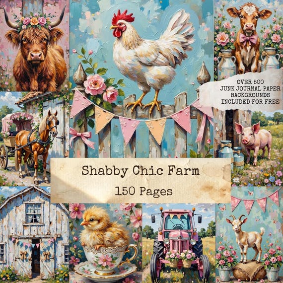 Shabby Chic Farm Junk Journal Pages, Floral Junk Journal Pages, Pastel, Bird, Rose Digital Papers, Printable Ephemera, Digital Download 002