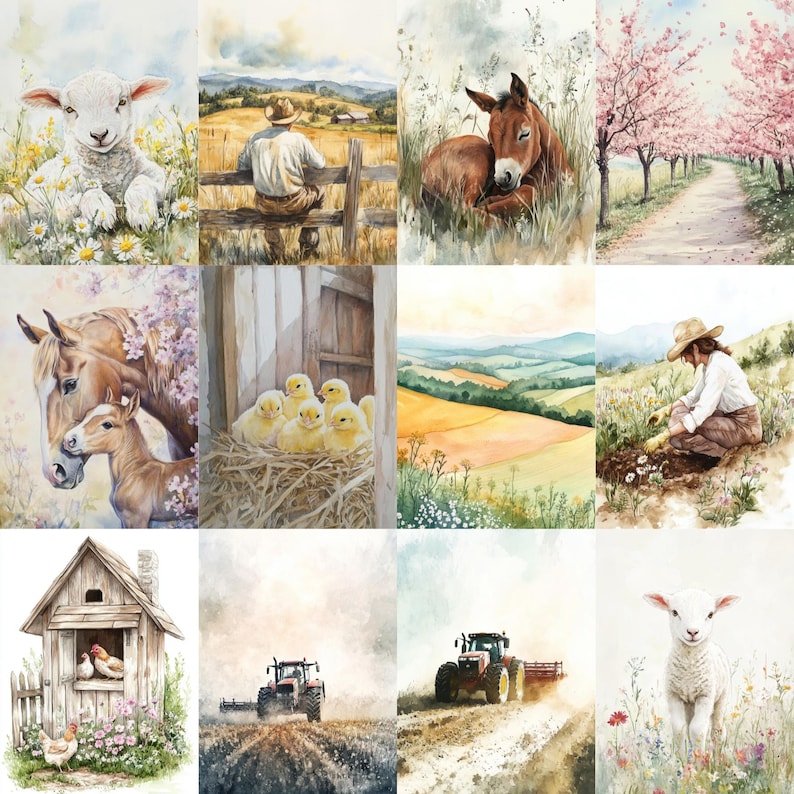 Spring Farm Art Digital Paper Kit, Farm Animals Art, Cottage Farm Junk ...
