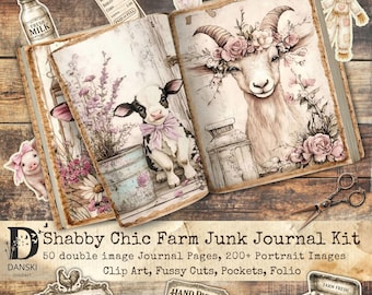 Shabby Chic Farm Junk Journal Kit, Floral Junk Journal Pages, Farm Yard Clip Art, Printable Ephemera, Fussy Cuts, Folio, Digital Download