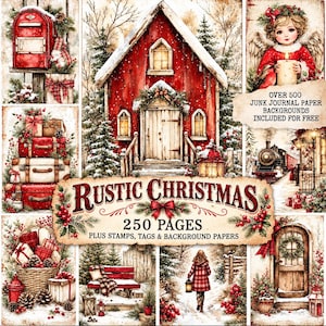 May include: A collection of digital scrapbooking pages titled Rustic Christmas, featuring 250 pages with illustrations of a red house, a mailbox, a child angel, a train, a basket of gifts, and a person walking in a snowy landscape.