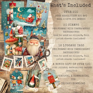 May include: A digital collection of Christmas-themed graphics including a nutcracker, Santa Claus, reindeer, and elves. The set features over 200 high-resolution 300 DPI 3584 x 5376 JPG images, 20 PNG stamps, 16 luggage tags, and 500 background papers.