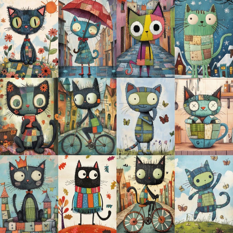 May include: A collection of whimsical cat illustrations. Each cat is depicted in a unique style, with patchwork patterns, vibrant colors, and various accessories. The cats are set against colorful backgrounds, creating a playful and artistic theme.
