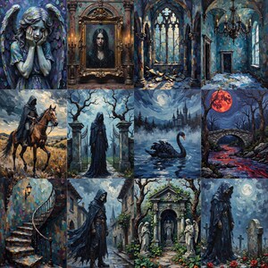 May include: A collage of twelve oil-style paintings featuring gothic themes, including a weeping angel, a portrait in a gold frame, a dark stone interior, a chandelier, a hooded figure on horseback, a black swan, and a graveyard with statues.