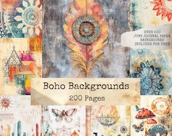Boho Junk Journal Paper, Bohemian Background Textures, Boho Pages, Boho Decoupage & Craft Paper, Ephemera, Scrapbook pages, Digital Download