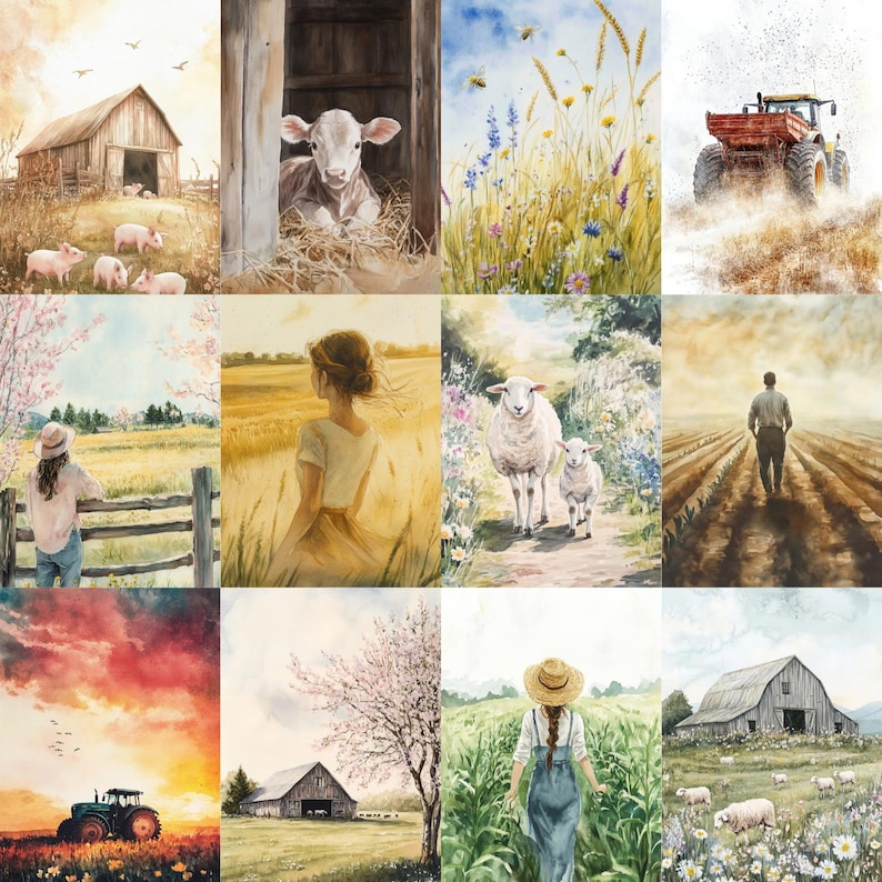 Spring Farm Art Digital Paper Kit, Farm Animals Art, Cottage Farm Junk ...