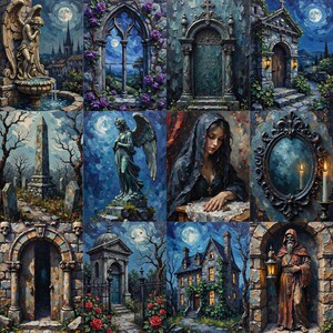 May include: A twelve-panel collage of oil-style paintings featuring gothic scenes including stone angel statues, ornate arched doorways, a moonlit cemetery with an obelisk, a cloaked figure, a dark mirror with candles, and a stone house under a full moon.