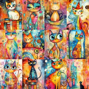 May include: A colourful collage of cat illustrations. Each cat is uniquely designed with bright colours and patterns, set against a whimsical background. The artwork features a variety of poses and expressions, creating a playful and artistic theme.