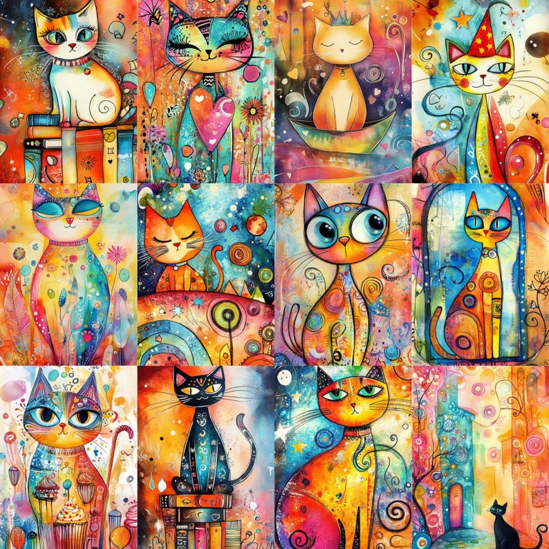 May include: A colourful collage of cat illustrations. Each cat is uniquely designed with bright colours and patterns, set against a whimsical background. The artwork features a variety of poses and expressions, creating a playful and artistic theme.