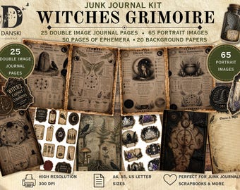 Witches Grimoire Junk Journal Kit, Book of Shadows Printable, Witch Ephemera, Dark Academia, Gothic Journal, Digital Download