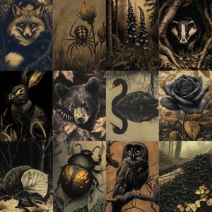 May include: A collection of sepia-toned illustrations featuring various animals and botanical elements. The images include a fox, spider, badger, rabbit, bear, swan, rose, beetle, owl, and forest scenes. The artwork has a vintage, nature-inspired theme.