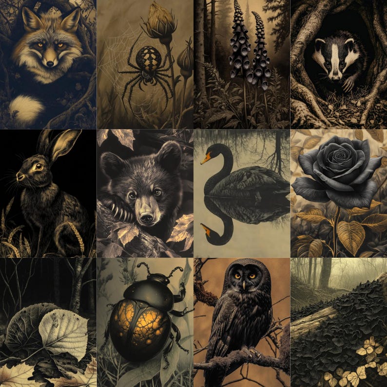 May include: A collection of sepia-toned illustrations featuring various animals and botanical elements. The images include a fox, spider, badger, rabbit, bear, swan, rose, beetle, owl, and forest scenes. The artwork has a vintage, nature-inspired theme.