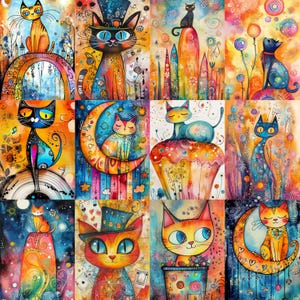 May include: A colourful artwork featuring a collage of whimsical cat illustrations. Each cat is uniquely designed with bright colours and patterns, set against abstract backgrounds. The artwork evokes a playful and artistic theme.