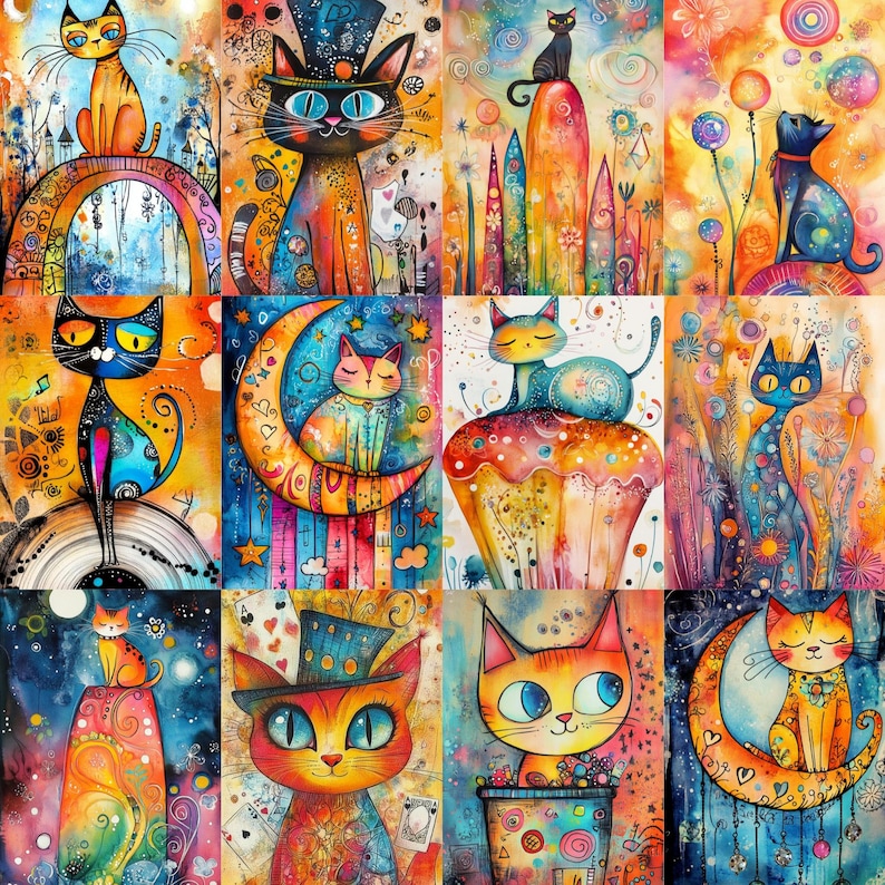 May include: A colourful artwork featuring a collage of whimsical cat illustrations. Each cat is uniquely designed with bright colours and patterns, set against abstract backgrounds. The artwork evokes a playful and artistic theme.