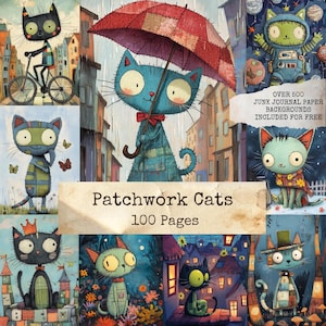 Könnte beinhalten: Eine Collage von skurrilen Katzenillustrationen im Patchwork-Stil. Die Katzen werden in verschiedenen Szenen dargestellt, darunter beim Fahrradfahren, unter einem Regenschirm und im Weltraum. Der Text "Patchwork Cats 100 Pages" ist zu sehen. Über 500 Junk-Journal-Hintergründe sind enthalten.