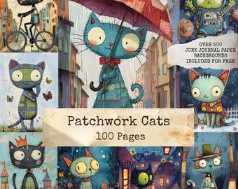 Patchwork Cats Junk Journal Pages | Decoupage Cats | Printable Cat Art | Folk Art Cats, Whimsical Cats, Scrapbook Paper, Digital Download