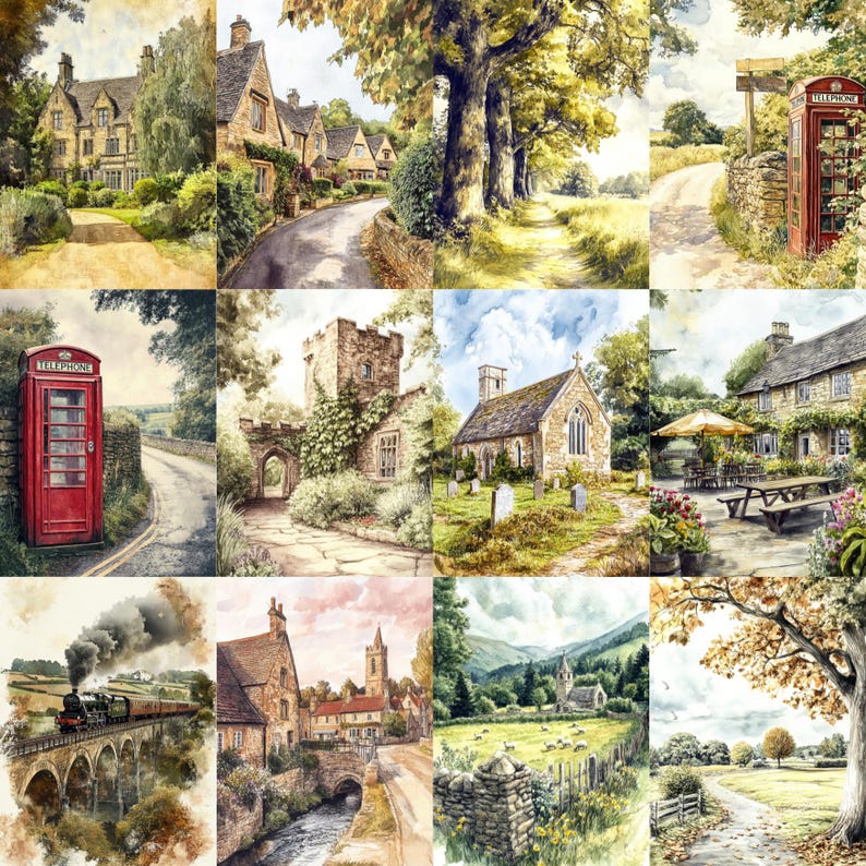 English Countryside Digital Paper Kit, Cottage Landscape, Rural England ...