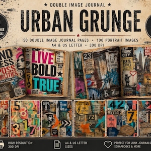 Può includere: Una collezione digitale di 50 pagine di diario a doppia immagine e 100 immagini ritratto intitolata Urban Grunge. Le pagine presentano design a collage stratificati con testo, numeri, fotografia urbana e texture usurate.
