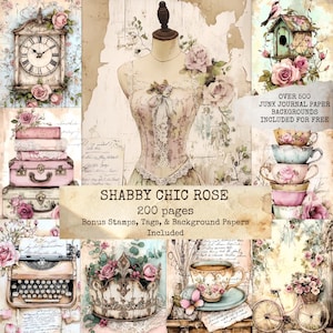 Puede incluir: Un collage de imágenes de estilo vintage con temática shabby chic. Incluye un reloj, maletas apiladas, un maniquí, tazas de té, una pajarera, una máquina de escribir, una corona y una bicicleta. El texto dice "Shabby Chic Rose" y "200 páginas".