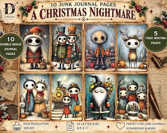 Christmas Nightmare Junk Journal Pages, Gothic Christmas Printable, Halloween Christmas, Creepy Cute Journal set, Digital Download