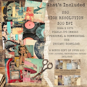 Puede incluir: Un collage de im&aacute;genes de estilo vintage, que incluye ilustraciones retro de mujeres, un restaurante y discos de vinilo. El texto dice: "What's Included: 250 High Resolution Pixels JPG Images, Personal & Commercial Use, Instant Download."