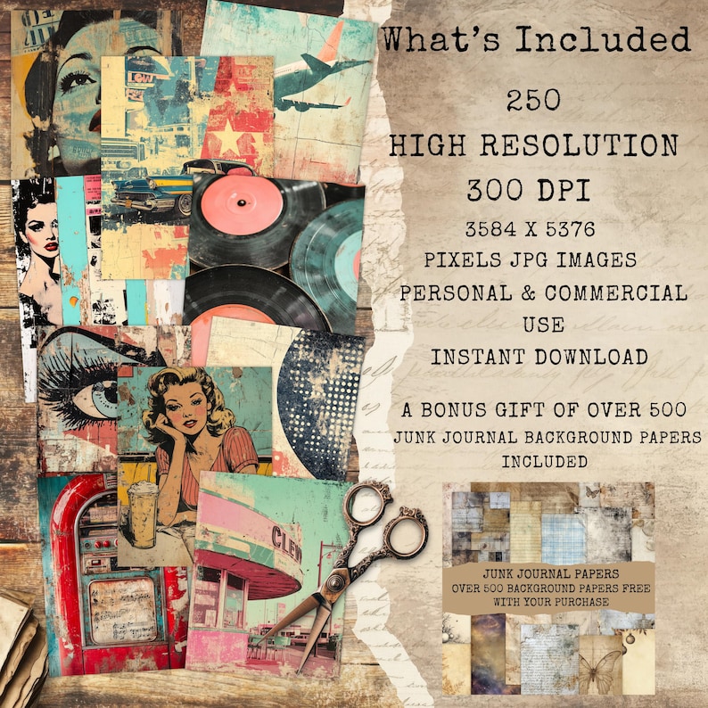 Puede incluir: Un collage de im&aacute;genes de estilo vintage, que incluye ilustraciones retro de mujeres, un restaurante y discos de vinilo. El texto dice: "What's Included: 250 High Resolution Pixels JPG Images, Personal & Commercial Use, Instant Download."