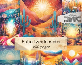 Boho Landscapes Digital Papers, Bohemian Landscape Junk Journal Pages, Boho Wall Art | Decoupage Paper | Scrapbooking, Instant Download