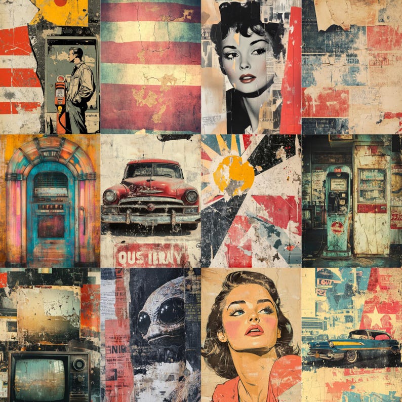 Puede incluir: Un collage de im&aacute;genes de estilo vintage con una est&eacute;tica envejecida y desgastada. La obra presenta un coche retro, una gramola, un retrato de mujer y un hombre en una gasolinera. La paleta de colores incluye rojo, azul y amarillo.