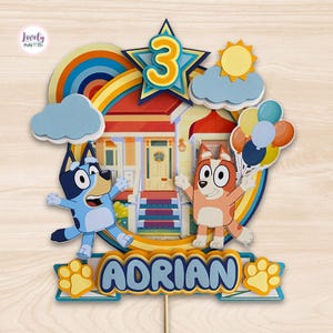 Adorno para tarta de cumpleaños personalizado de Bluey y Bingo - Decoración 3D en capas - Personalizado con nombre y edad - Decoración de fiesta hecha a mano